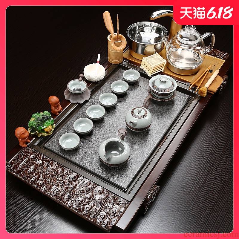 Sand embellish sharply stone of a complete set of tea service suit household kung fu tea with solid wood tea tray glass teapot tea cup