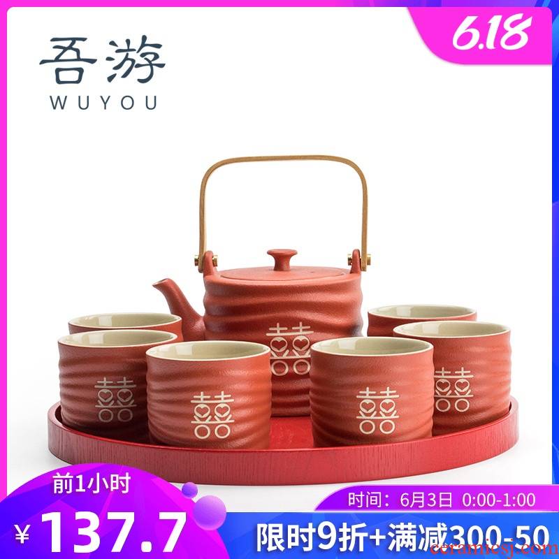 I swim tea set suits for domestic high - grade creative wedding celebration of Chinese New Year holiday gifts cups red set tea service
