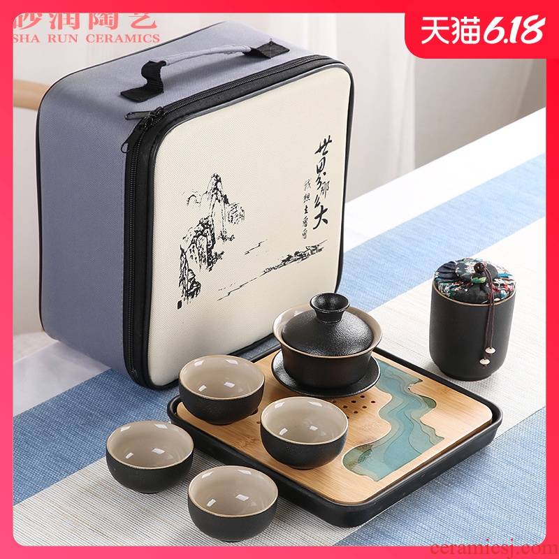 Sand embellish kung fu tea set of black suit household contracted ceramic Japanese is suing travel portable package small dry tea tray