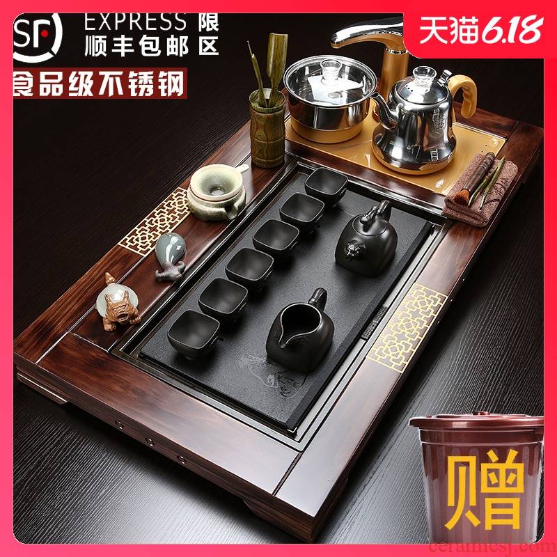 Sand run a complete set of tea service suit household contracted violet arenaceous solid wood tea tray automatic ceramic cups kung fu tea