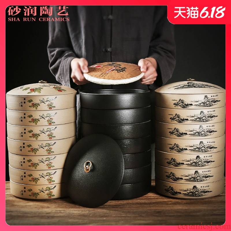 Sand embellish thick ceramic seal caddy fixings black bread seven pu 'er tea cake box packing box the receive ceramic storage tanks