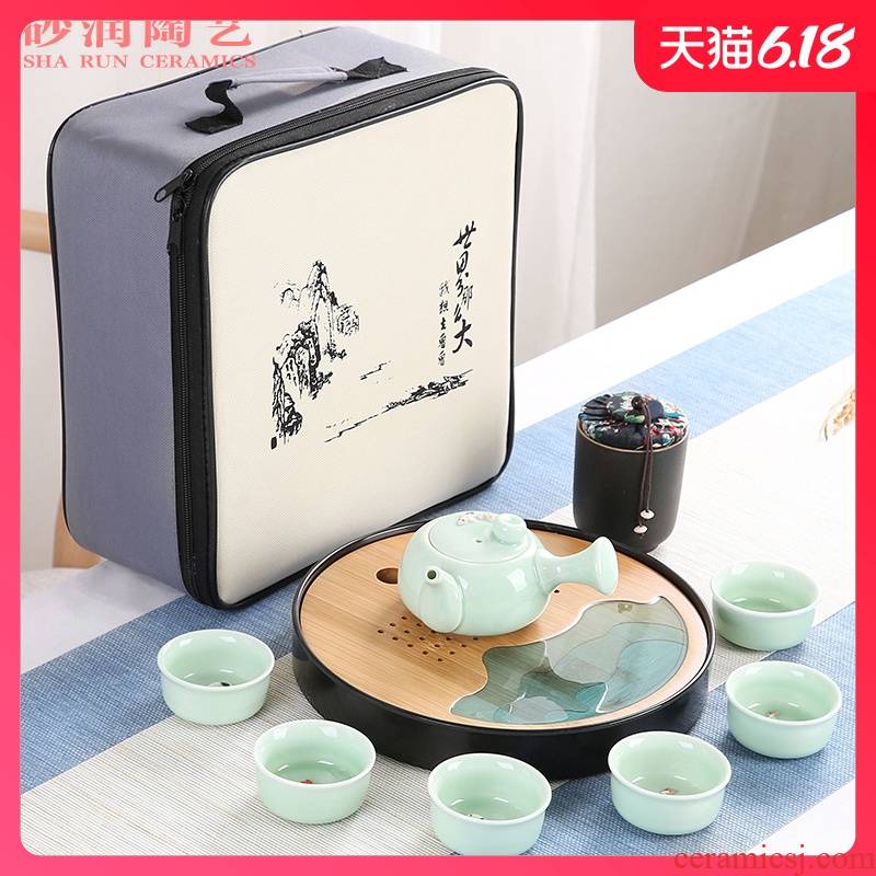 Sand embellish celadon ceramic tea set household contracted Japanese office travel small round tray is suing portable package