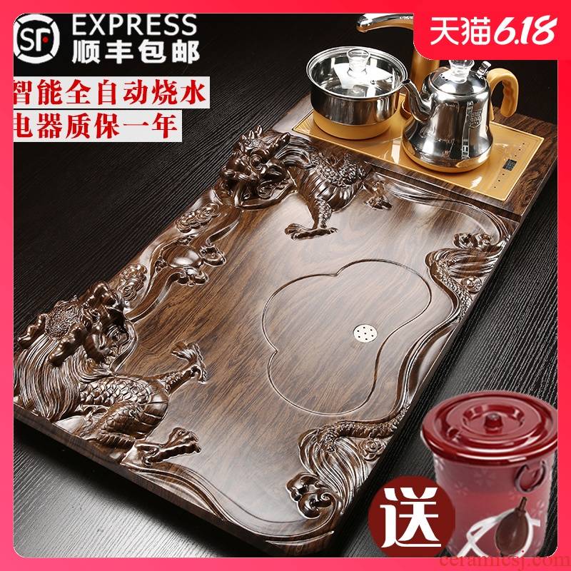 Automatic kung fu tea sets tea tray household ceramics solid wood tea tea saucer snap one induction cooker
