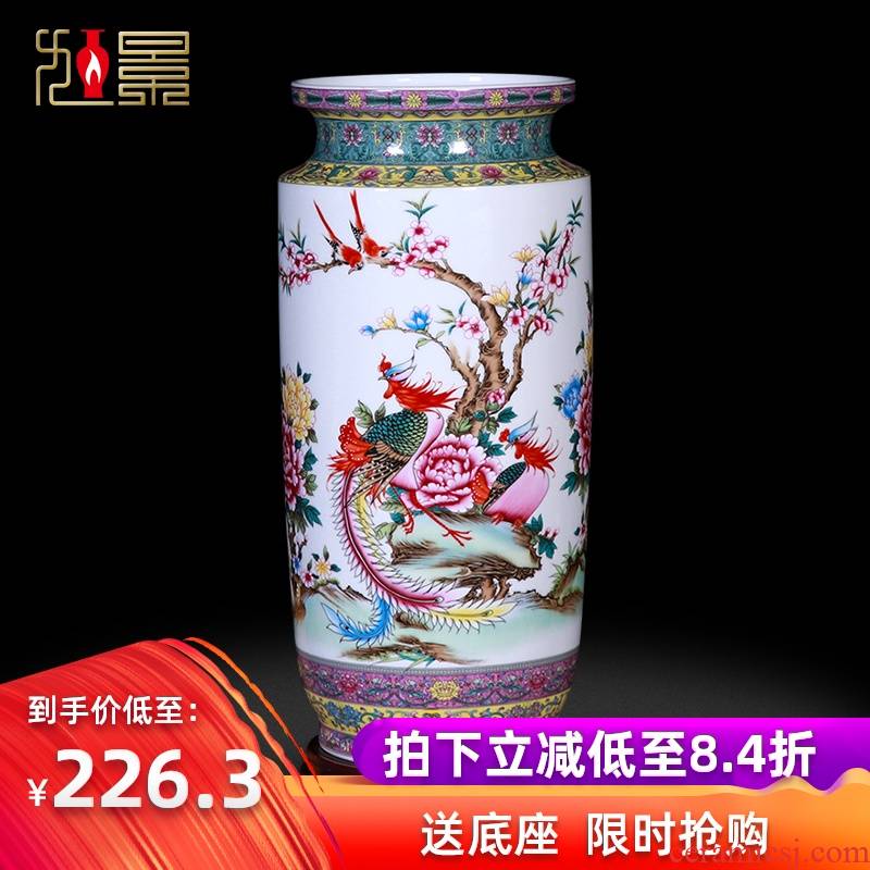 Jingdezhen famille rose porcelain vases, flower arranging flowers and birds painting and calligraphy cylinder characters receive great place to live in the living room a study