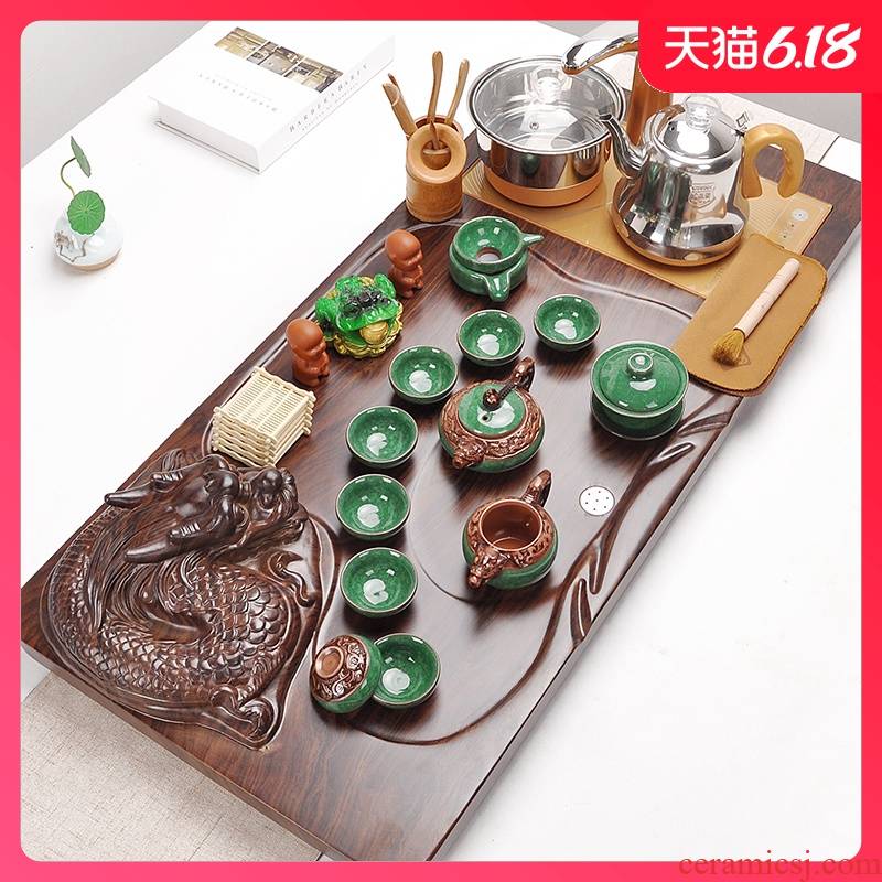 Sand embellish ceramic tea set household automatic ceramic kung fu tea set solid wood tea tray of a complete set of contracted and I