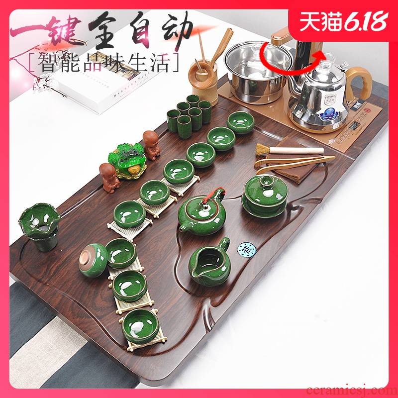 Sand embellish ceramic tea set household ice crack kung fu tea tea set solid wood tea tray automatic induction cooker