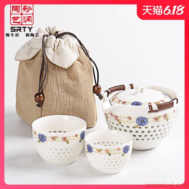 Travel sand embellish ceramic tea set suit portable package of a complete set of exquisite one pot two cup of on - board office creative crack cup