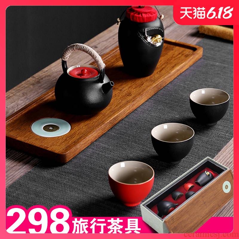 Sand embellish ceramic travel tea set of black suit and contracted Japanese ceramic vehicle is suing teapot portable package