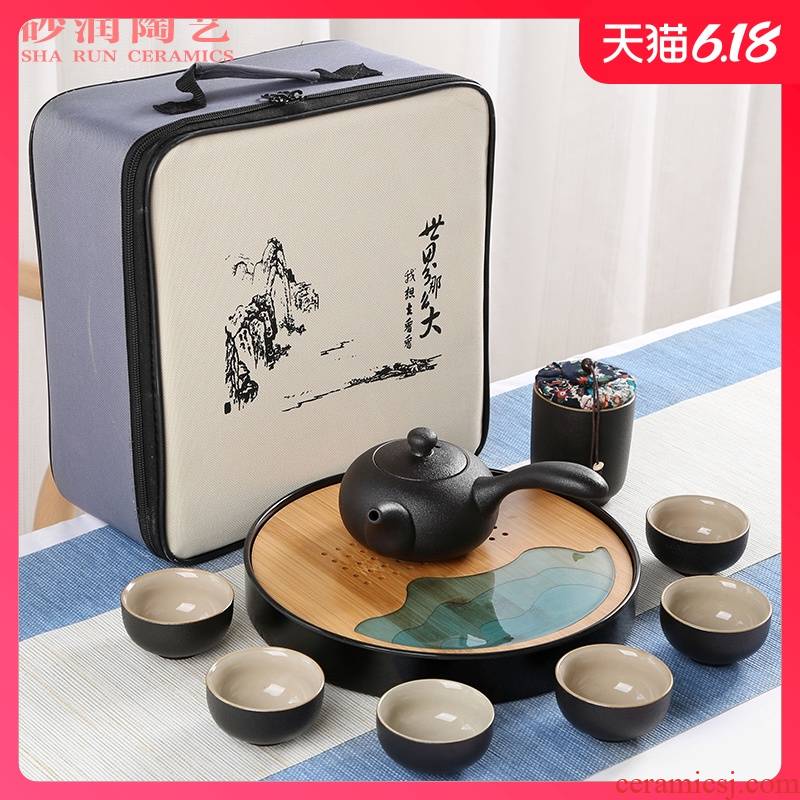 Sand embellish travel of black ceramic tea set household contracted Japanese office small round tray is suing portable package
