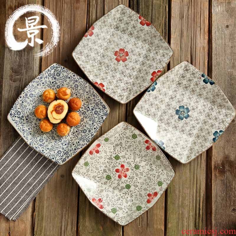 Japanese and wind 8 inch ceramic square plate under the glaze color creative dishes about nine tray of fruit plates tableware