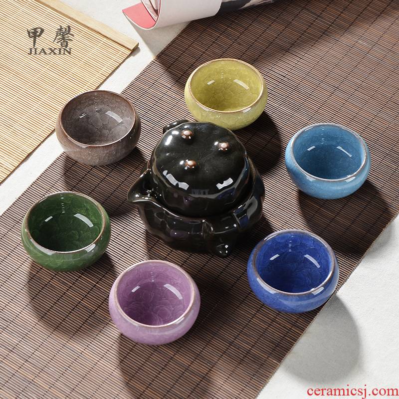 JiaXin a complete set of tea sets and colorful ice crack ceramic kung fu tea set pumpkin pot of crack cup group