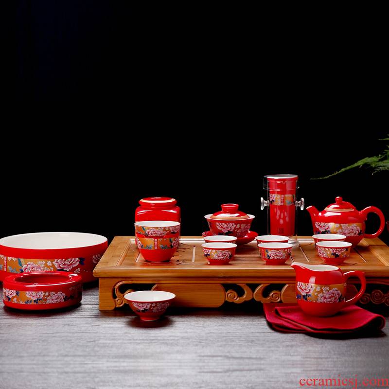 Wedding gifts was a whole set of jingdezhen ceramic tea set Chinese red kung fu tea set Wedding gift hardcover