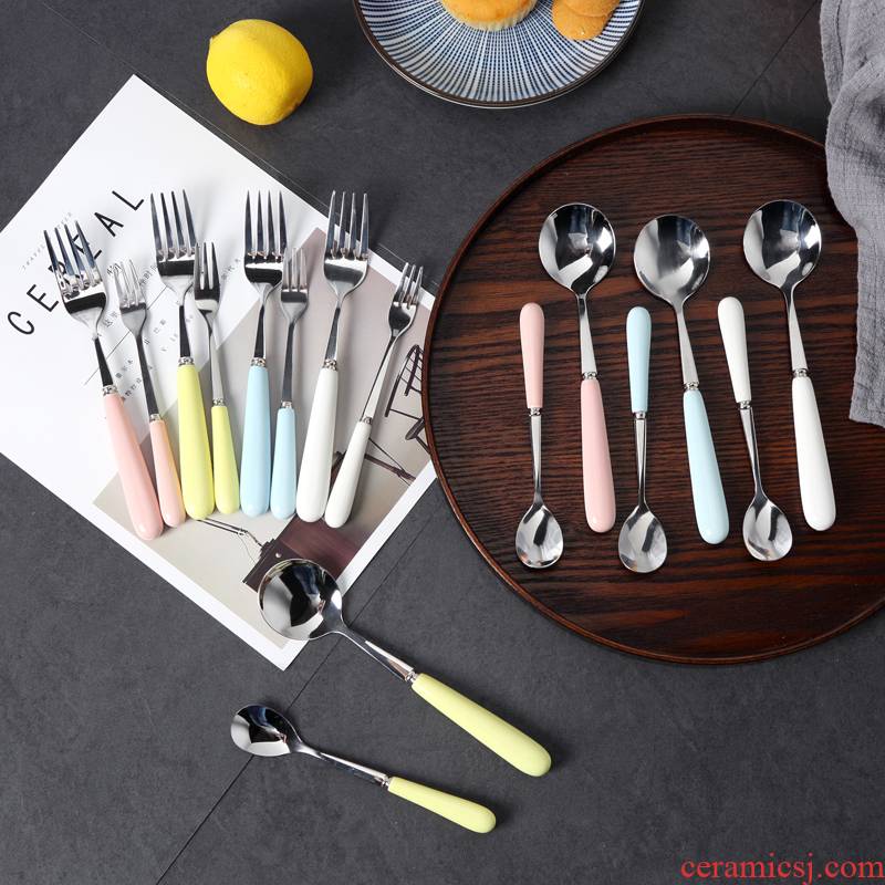 Ceramic candy color long - handled spoons household paring knife fork stainless steel creative lovely children suit three - piece suit