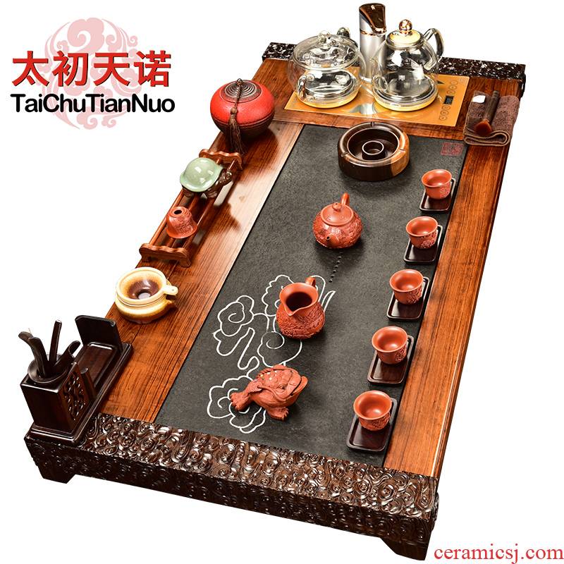 The beginning day, violet arenaceous kung fu tea set sandalwood carved mahogany four one automatic stone tea tea tray furnace
