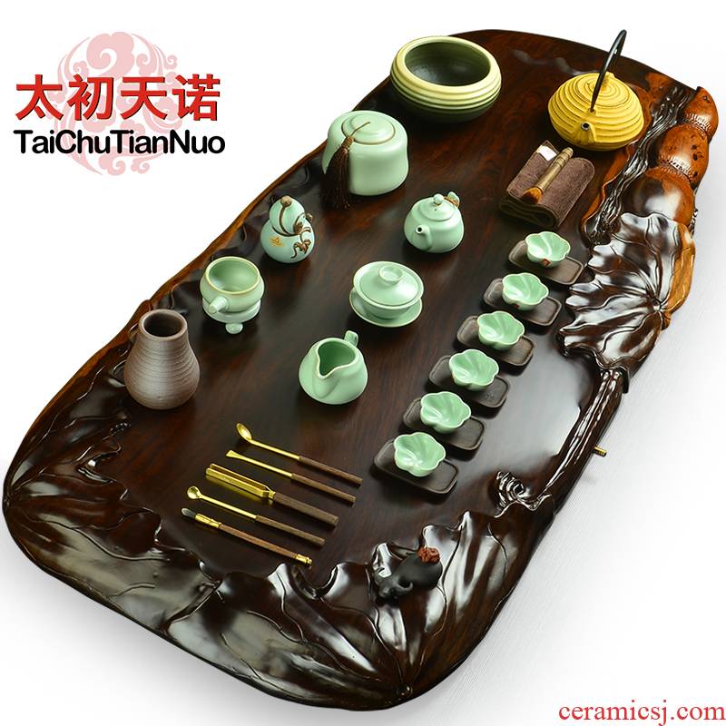 The beginning day, The porcelain of a complete set of kung fu tea set ebony wood annatto tea tray was Japanese tea tea tea art