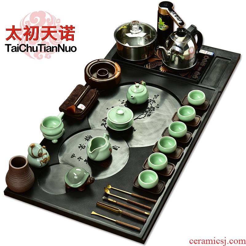 The beginning day, kung fu tea tray tea set stone tea tray was black stone tea sea four unity tea tea tea stove
