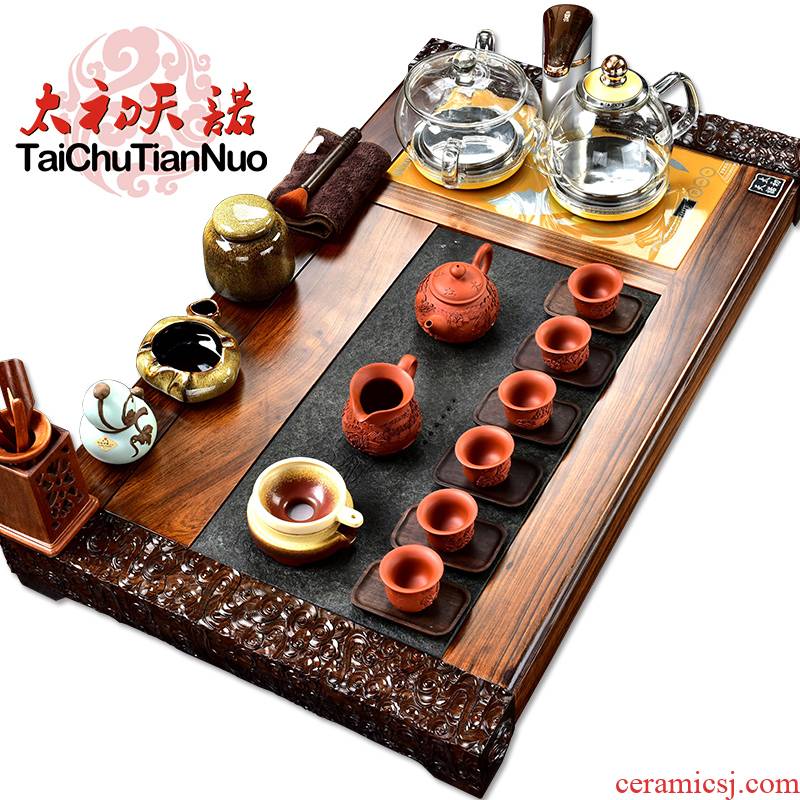 The beginning day, purple sand tea set stone sandal wood tea tray was kung fu tea table four unity automatically sheung shui tea taking