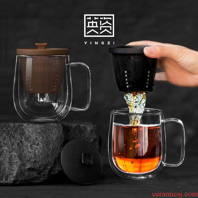 Contracted double - layer glass heat - resisting work tea cups with cover filter office flower tea keller cup men and women