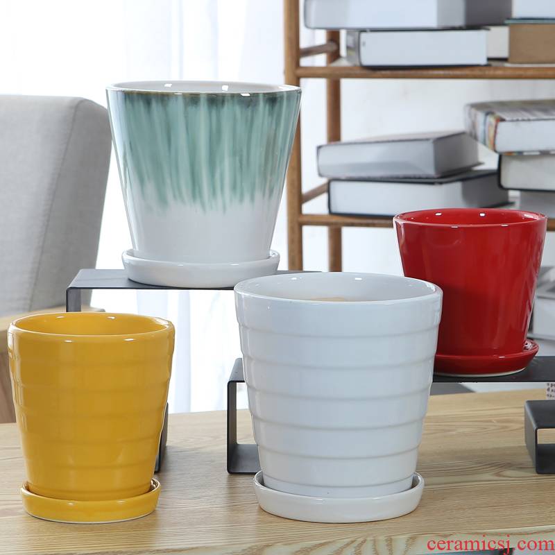 Qian colorful ceramics flowerpots contracted other desktop breathable flowerpot with white ceramic tray was special offer a clearance package of mail