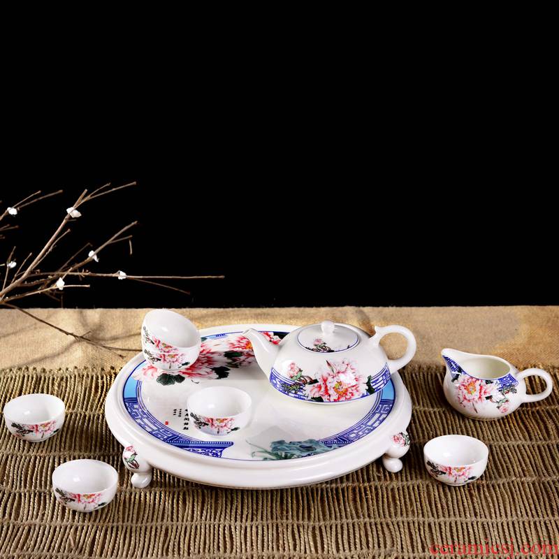 Jingdezhen porcelain, ceramic tea set 9 riches and honor peony tea kung fu tea tray was suit fashion lady move