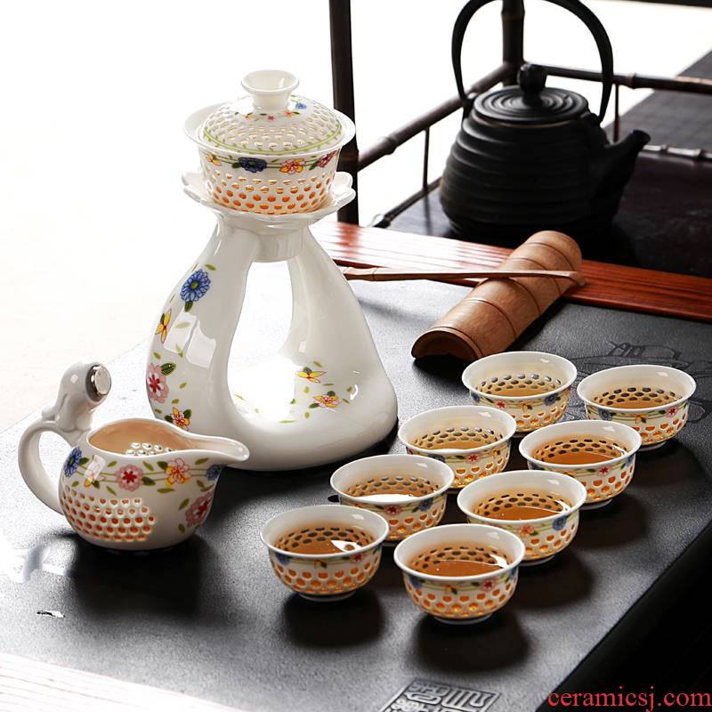 Hong bo the best proof of a complete set of hot semi - automatic all blue and white hollow out lazy ceramic kung fu tea tea set and exquisite