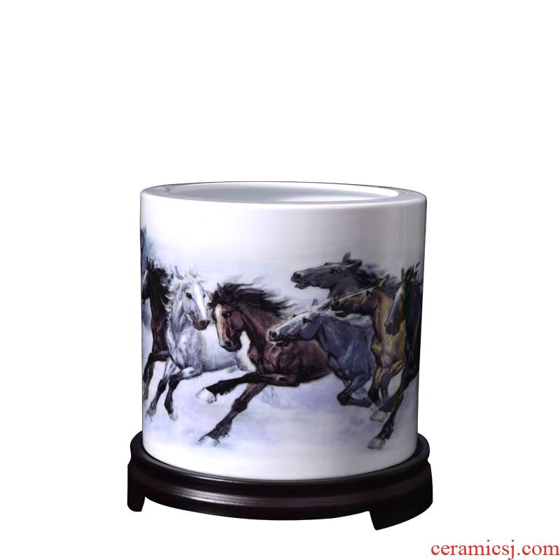 Jingdezhen ceramic large brush pot eight jun figure horse galloping crafts office desktop furnishing articles Chinese gifts