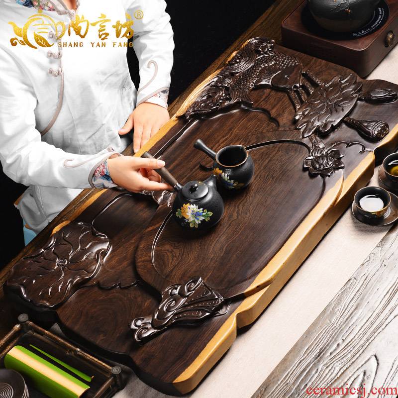 It still fang the whole piece of ebony tea tray hand - carved solid wood tea sea kung fu tea set large drainage type household