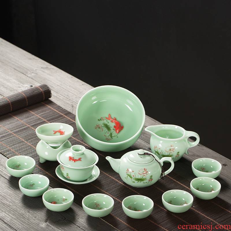 Celadon kung fu tea set tea tray household contracted noggin carp to use ceramic teapot automatically