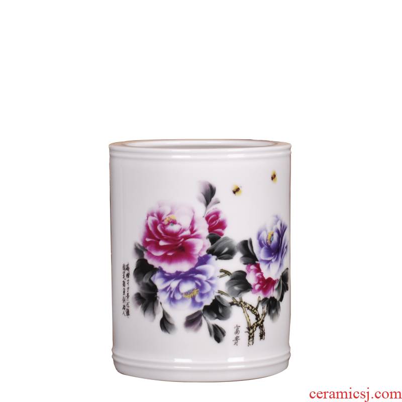 Porcelain, jingdezhen ceramics creative study small brush pot furnishing articles suit household qi PeiCai riches and honor peony