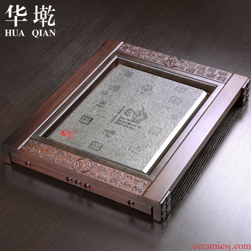 China Qian ebony wood with natural stone tea tray kunfu tea sea its tea set up drainage type tea tray