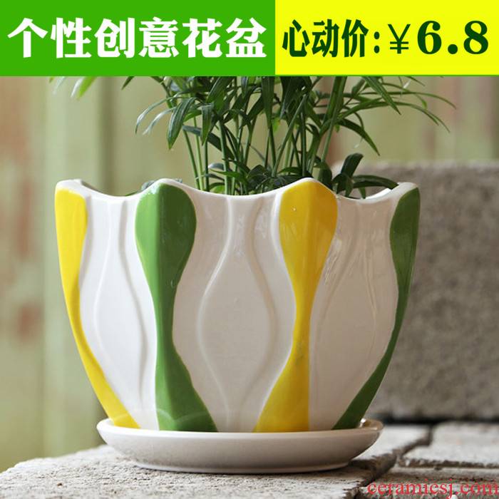 Flowerpot ceramic contracted large indoor potted flower pot green plant with tray plastic balcony rounded fleshy flower pot