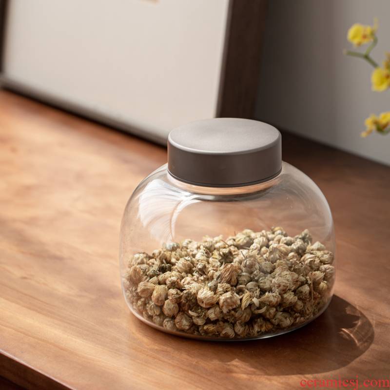 Tin cover glass seal storage jar solid wood caddy fixings cover transparent bottle tea moisture storage POTS