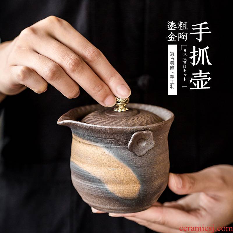 Japanese ceramic teapot gold finger retro crack pot of tea cup cup three tureen kung fu tea set manually