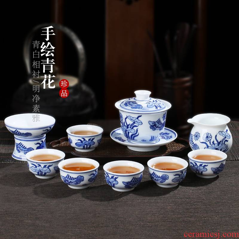 Jingdezhen up fire retro tureen tea cups which hand - made kung fu tea set of blue and white porcelain small suit Chinese style household