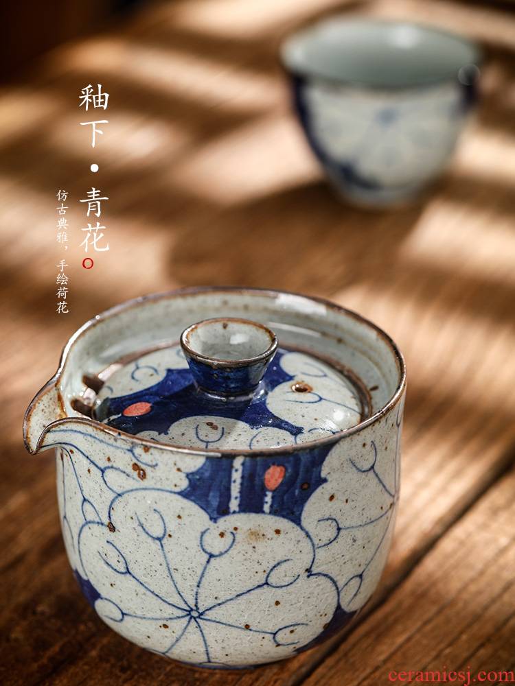 Hand grasp the teapot lid bowl of jingdezhen blue and white Hand - made kung fu tea tea ware anti hot cups suit household contracted