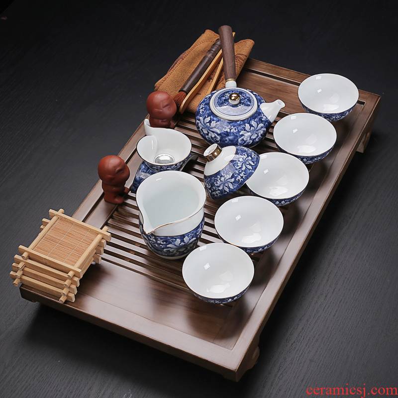 Old & suit household contracted solid wood tea tray, blue and white tea sets tea set your up kung fu ceramic cups, small case