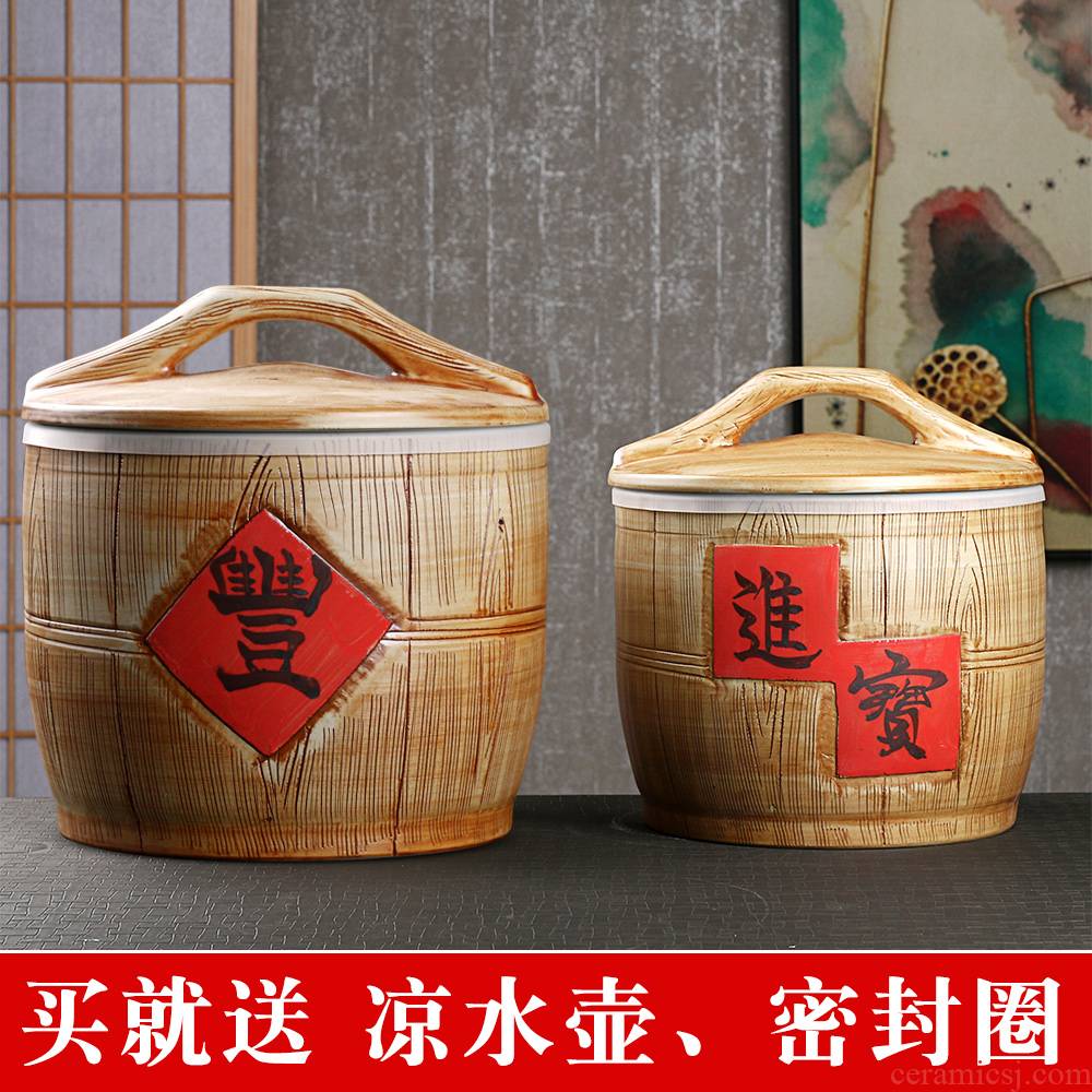 Jingdezhen ceramic barrel household sealed with cover old 10 jins 20 jins 30 imitation solid wood moisture worm ricer box