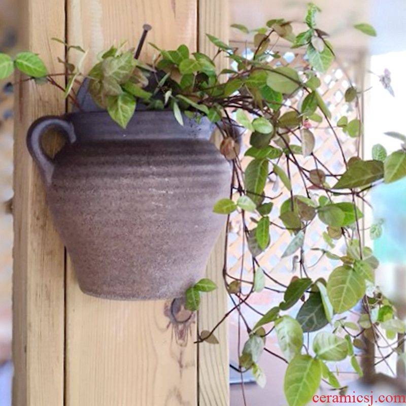 No hole, hydroponic creative Europe type restoring ancient ways a sitting room wall feel hanging rope ceramic black brown, other large flower pot