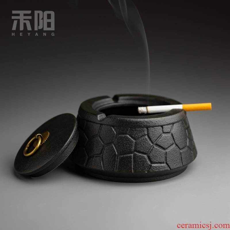 Send Yang black pottery ashtray with cover Chinese style household living room office large wind restoring ancient ways ashtray creative tea table