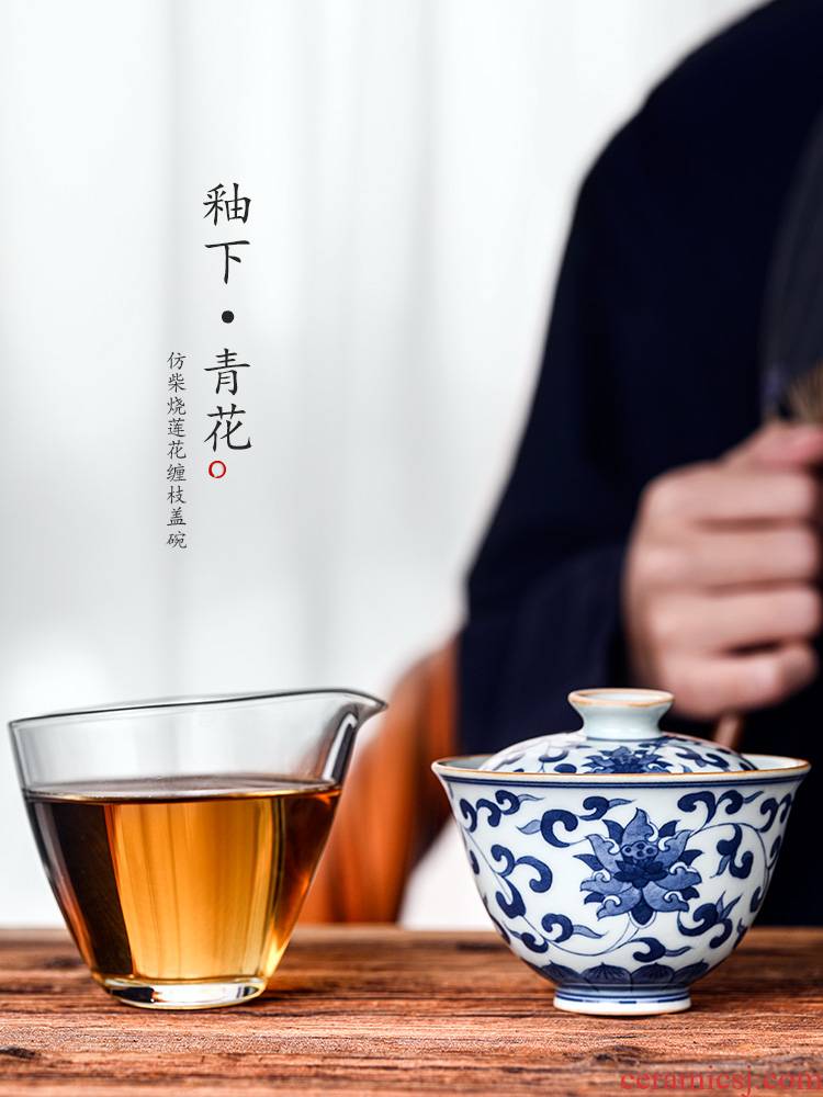 Jingdezhen porcelain tureen tea cup pure manual is not hot tea bowl hand - made of branch lotus kongfu tea is restoring ancient ways