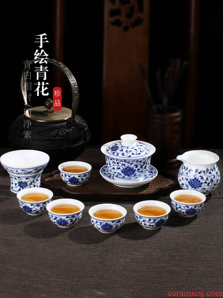 Jingdezhen up fire ceramic kung fu tea set household which is hand - made cup lid of blue and white porcelain bowl