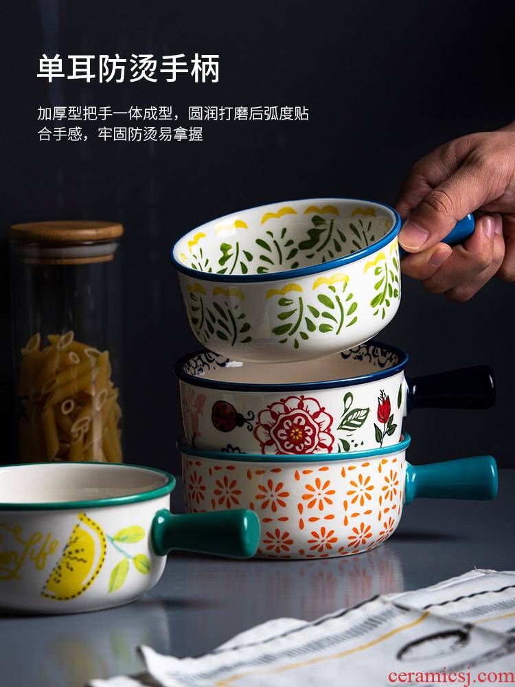 Japanese ins web celebrity creative move single handle grilled ceramic bowl of soup bowl of household tableware salad breakfast rainbow such use
