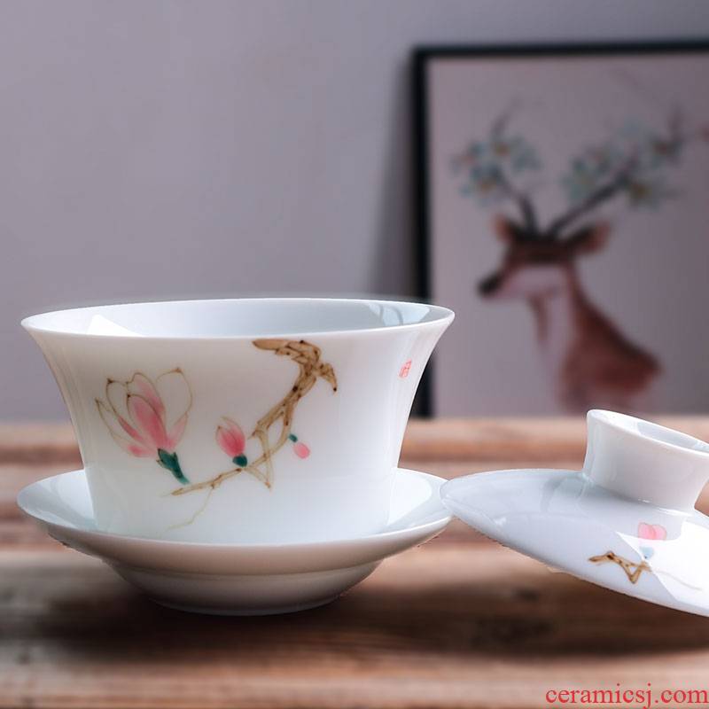 Fujian and hand - made ceramic tea tureen tea cups domestic large bowl to bowl kunfu tea bowl of tea set a complete set of three