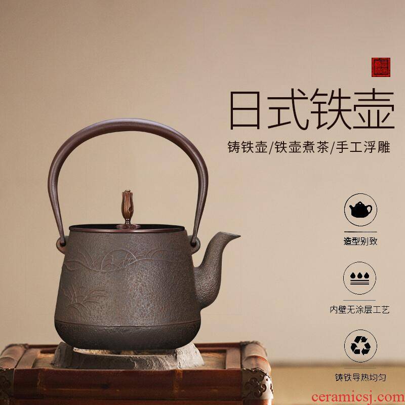 Four - walled yard manual reliefs cast iron pot of tea kettle pot single pot of large capacity boiled tea, Japanese pig iron pot