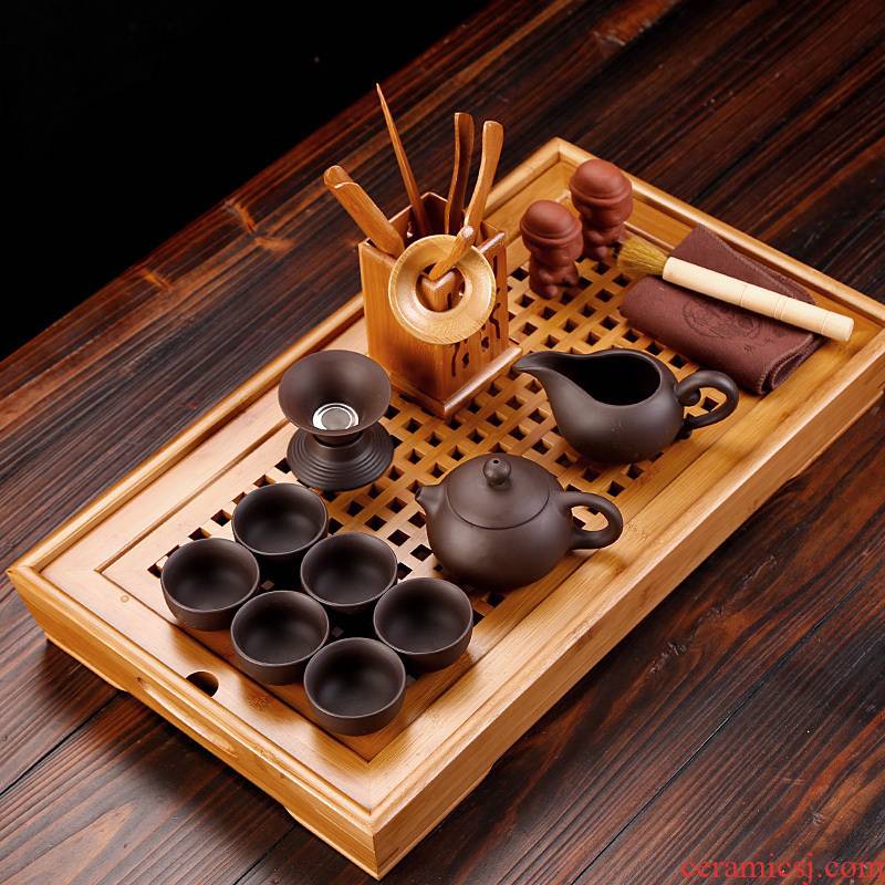 Purple sand tea set bamboo tea tray was water rectangle ceramic six cups small tea household contracted