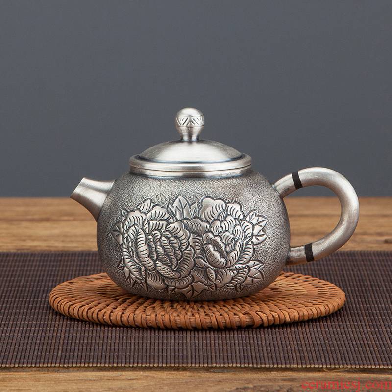 Sterling silver 999 manual home cooked tea kettle gift tea set silver pot of large capacity carve engraves peony restoring ancient ways