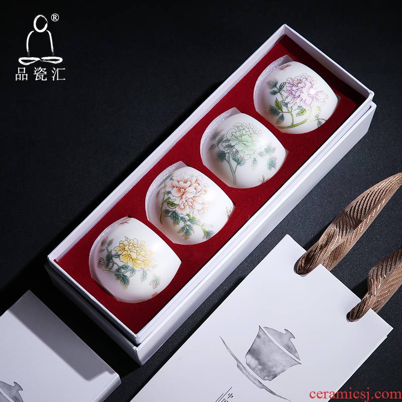 Quality dehua porcelain remit suet jade Quality paint the riches and honor peony cup, master cup of aloes cup tea keller of tea