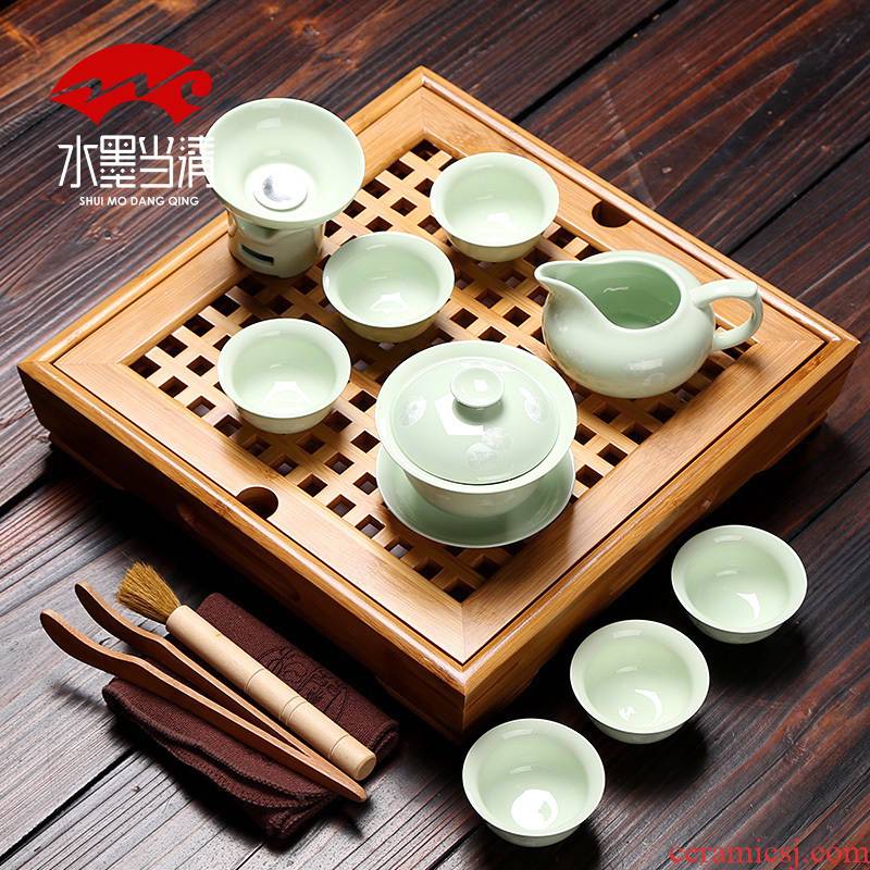 Household mini kung fu tea sets of a complete set of purple sand pottery and porcelain teacup office simple water small square bamboo tea tray