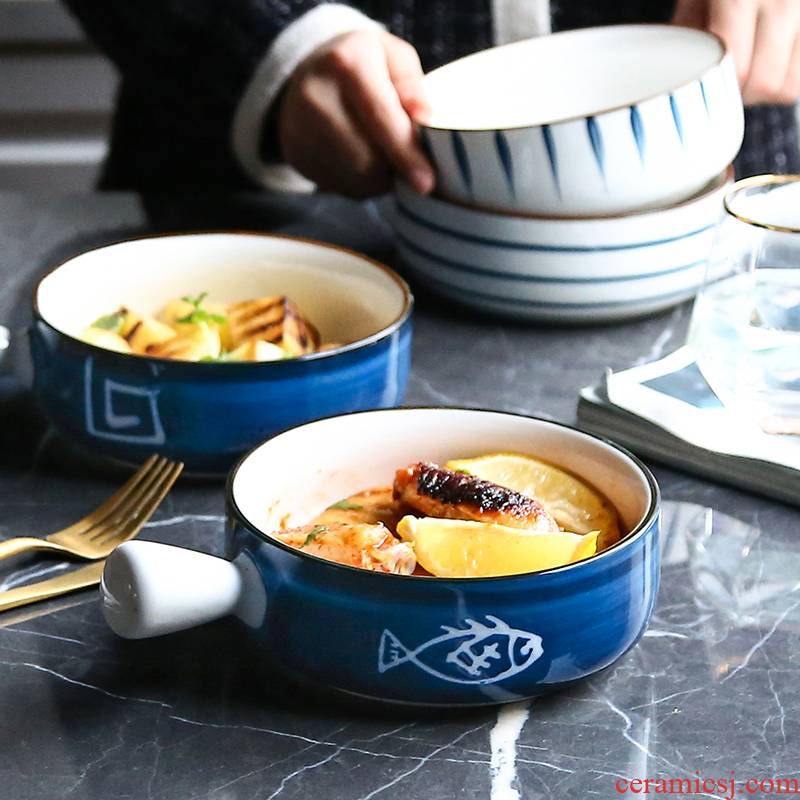WUXIN Japanese ceramic salad bowl creative household handle for breakfast mercifully rainbow such always move oven baked bread and butter