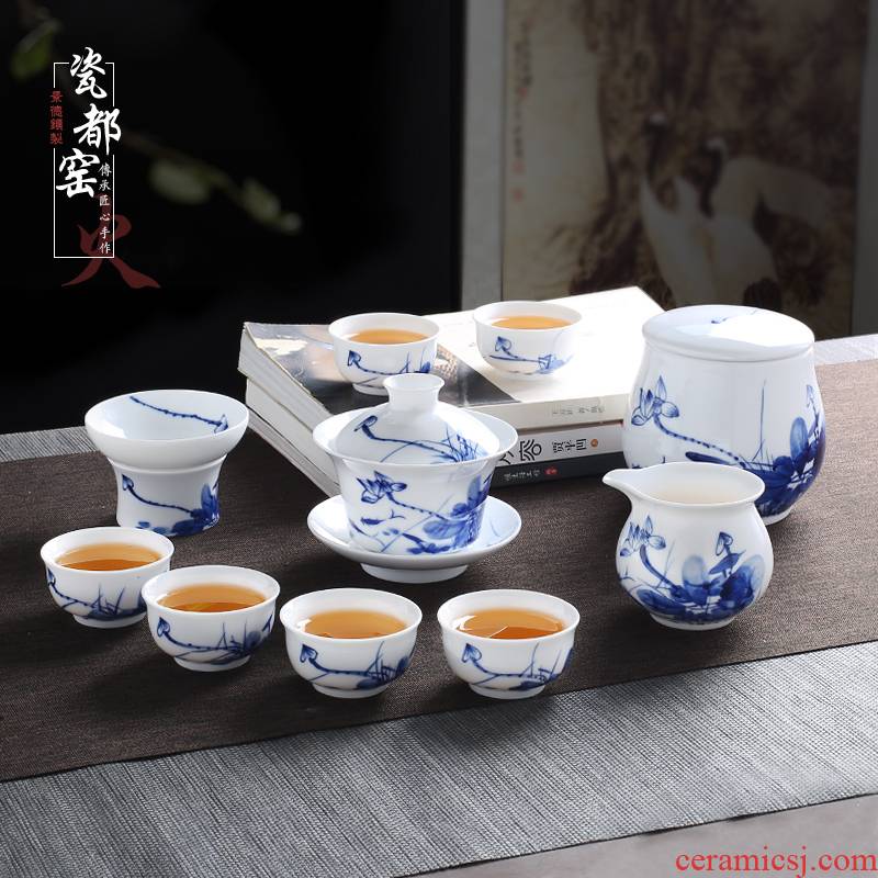 Jingdezhen blue and white porcelain tea set suit household tureen tea cup contracted kung fu tea set office of a complete set of living room